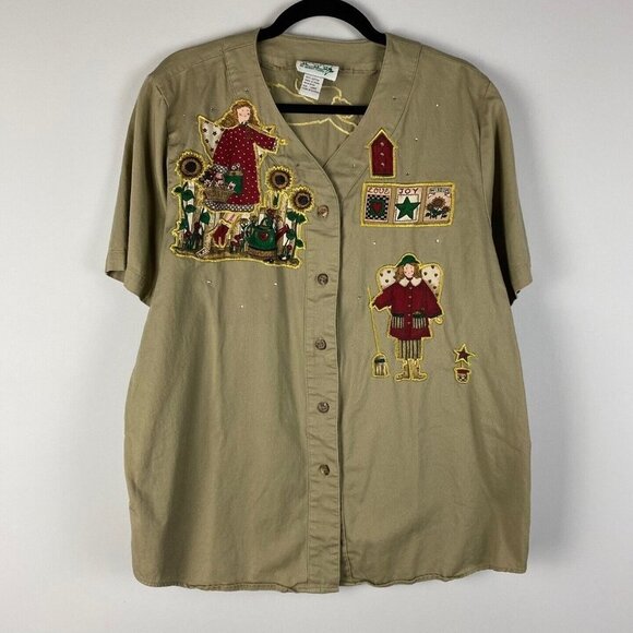 Vintage Quacker Factory Gardening Angel Button Up Shirt Womens Large Tan - Picture 1 of 8